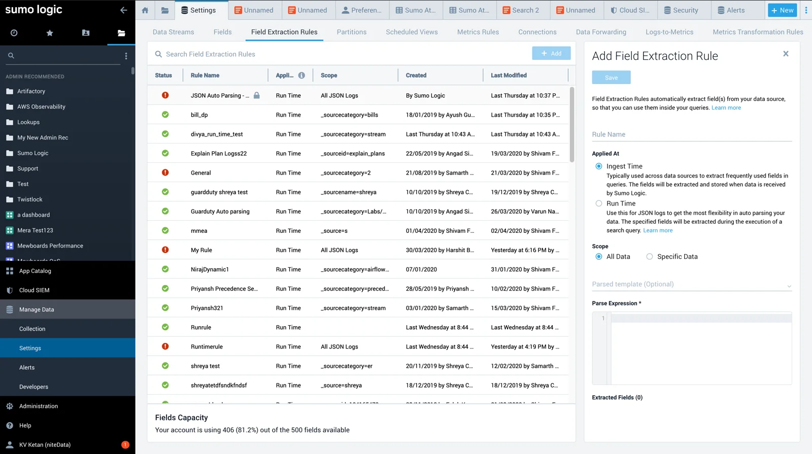 Sumo Logic object management interface generated by the platform framework